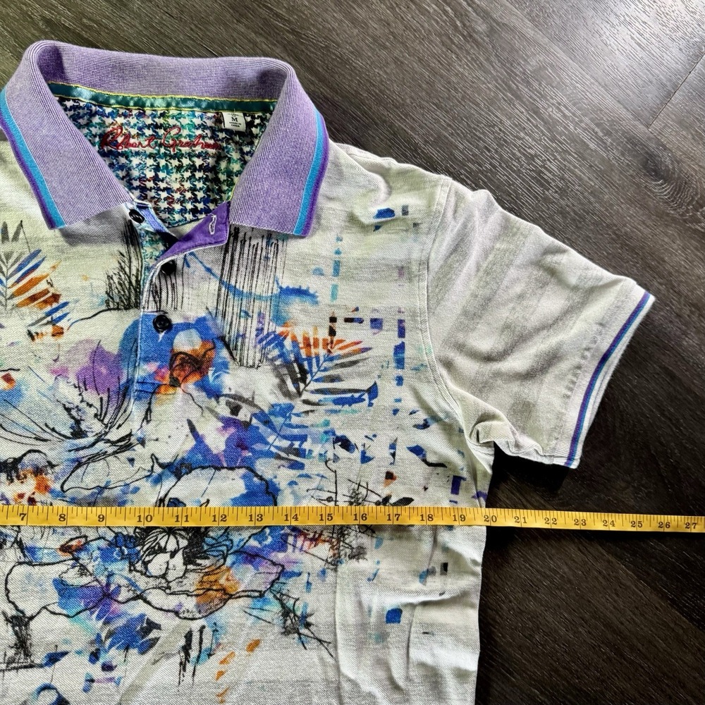 Robert Graham Polo Shirt Mens M Gray Striped Abstract Floral Art Casual Preppy - Picture 6 of 6